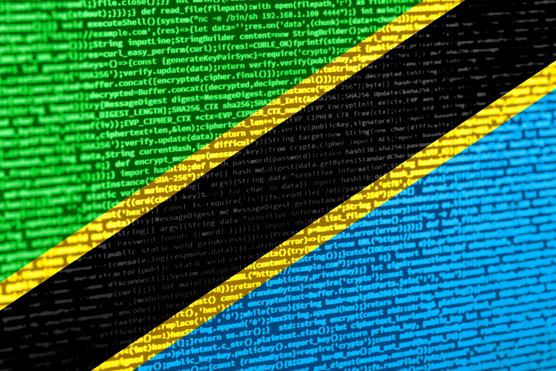 Flag of Tanzania over digital code. Concept of cybersecurity, innovation, and digital infrastructure in Tanzania. Modern tech development trends in Tanzania. Programming, digital sovereignty and site